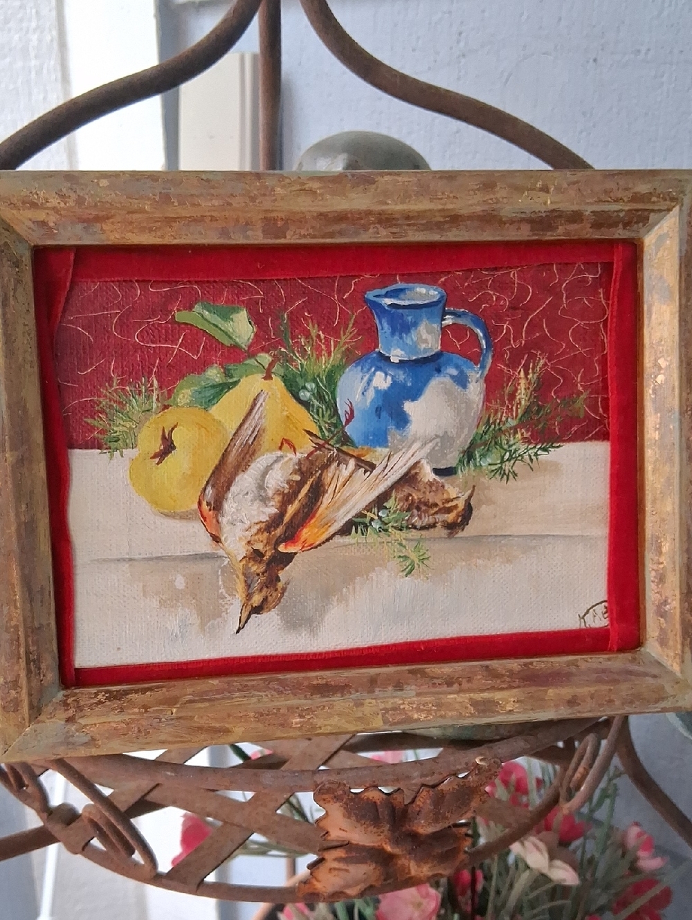 Vintage Painting with Blue Pitcher, Yellow Fruit and Birds